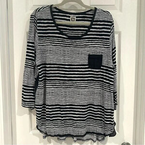 Anne Klein Striped T Shirt Sz XL Scoop Neck 3/4 Sleeve Black White Tunic Pocket